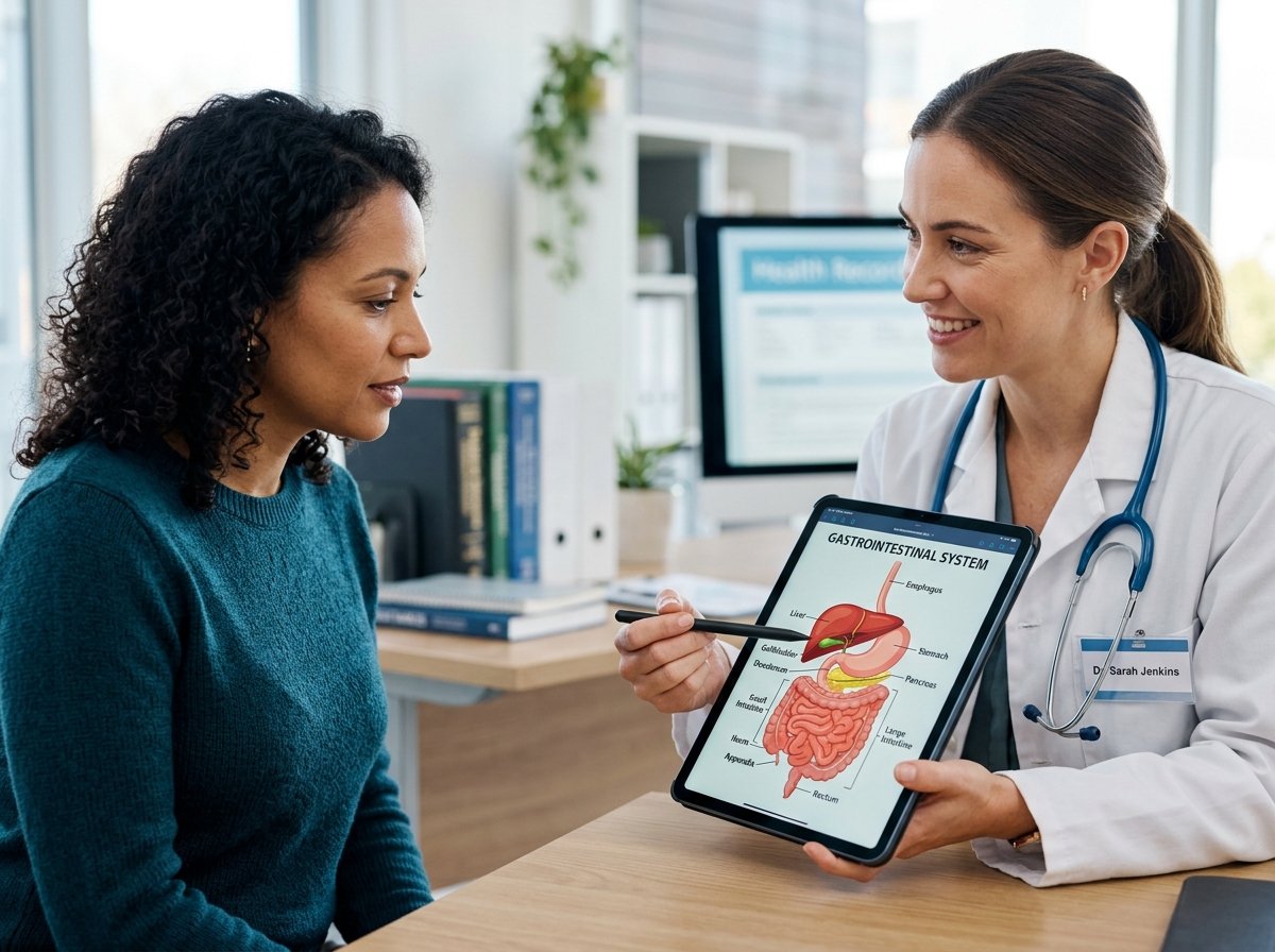 Doctor showing digital medical anatomy diagram to patient on tablet