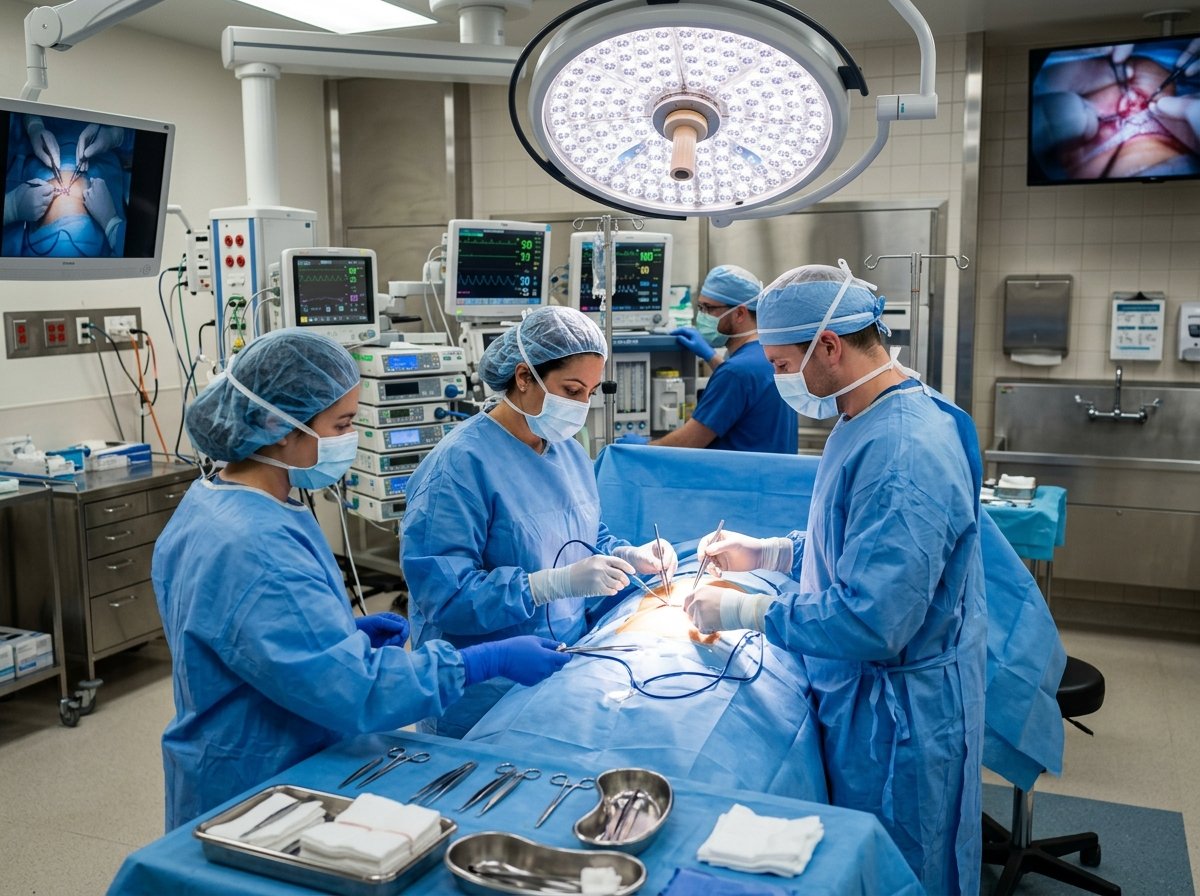 Surgical team performing operation in advanced theatre